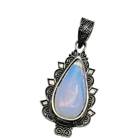 Boho-Style Opalite Teardrop Pendant Repousse Swirl Silver Plated Metal Setting - Picture 5 of 10